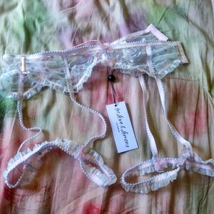 NWT For Love and Lemons Blue Coquette Pink dot floral lace garter belt medium